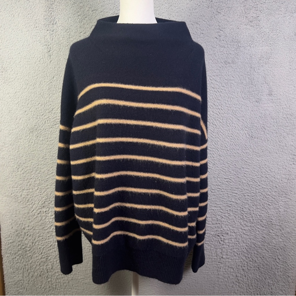 Vince Sweater Womens Large Navy Tan Plush Cashmere Breton Stripe Funnel Neck